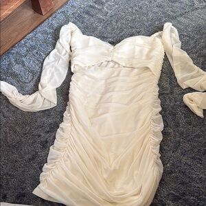 Michael Costello Cream Bodycon Dress with Sweetheart Neckline and Bishop Sleeves